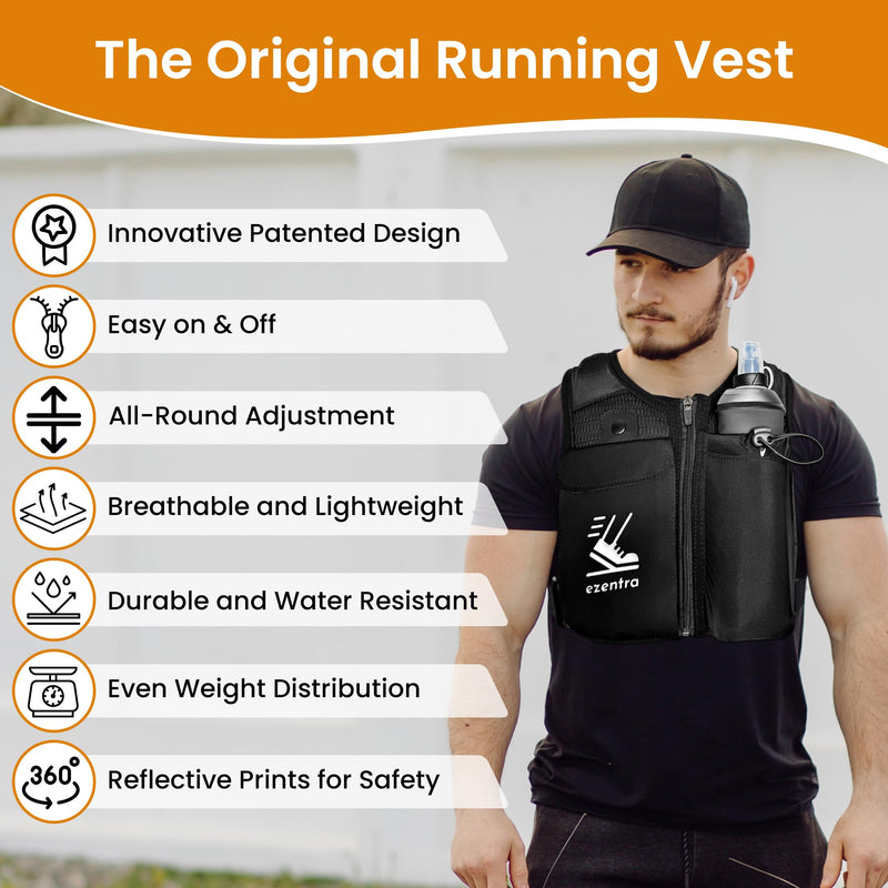 Running Vest Zip, Reflective Running Vests with 6 Pockets, 500ml Hydration Bottle, Adjustable Chest & Waistband, Breathable Material, Chest Pack Gear, Phone Holder, Men & Women Black XS- Small