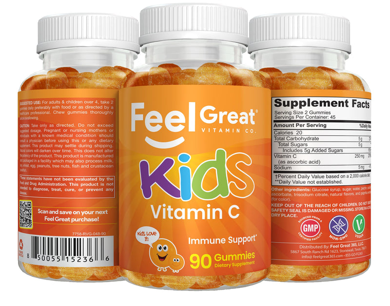 Feel Great Kids Vitamin C Gummies, 250mg Immune Support, Vegan, 90 Ct | Daily Immune Support, Antioxidant Vitamin C, 250mg per Serving, Vegan Gummy for Kids