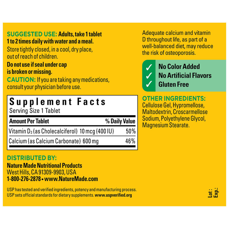 Nature Made Calcium 600 mg with Vitamin D3, Dietary Supplement for Bone Support, 120 Tablets (Pack of 3) Unflavored 120 Count (Pack of 3)