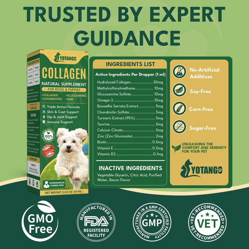 Liquid Collagen for Dogs, Natural Dog Collagen for Skin & Coat Support, Immune Support, Joint & Mobility Care with MSM, Middle-Aged and Older Dogs (Bacon Flavor - 60ml 2 Pack)