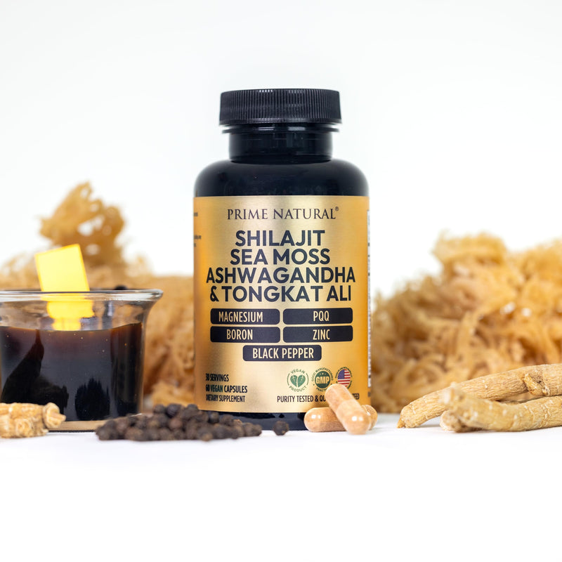 Shilajit 10,000mg, Irish Sea Moss 2000mg, Ashwagandha 3000mg, Tongkat Ali 30,000mg, Boron, Magnesium, PQQ & More | 60 Capsules - 30 Days Supply| Fulvic Acid Veg Capsules| Vegan| Gluten Free | Non-GMO - BeesActive Australia