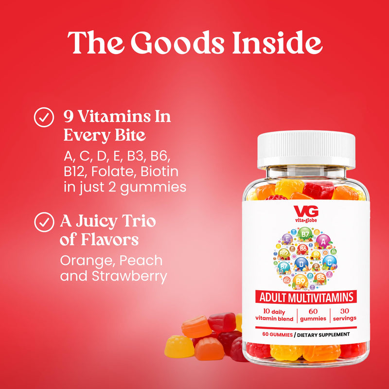 VITA GLOBE Adult Multivitamin Gummies with 9 Vitamins A C D E B6 B12 | Non-GMO, Vegan, Chewable Daily Vitamins with Folic Acid, Biotin & Zinc, Immune Support, 120 Count 60 Count (Pack of 1)
