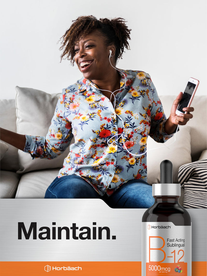 Horbaach B12 Vitamin 5000 mcg Sublingual | 4 Fl Oz | as Methylcobalamin and Cyanocobalamin | Liquid Vegetarian Drops | Berry Flavor | Non-GMO & Gluten Free Supplement