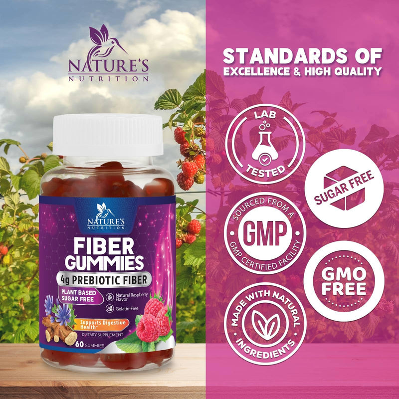 Fiber Gummies – Sugar Free Prebiotic Plant-Based Fiber 4g per Serving Supplement - Improved Soluble Formula Supports Digestive Health & Regularity - Non-GMO, Natural Berry Flavor Chewable - 60 Gummies 60 Count (Pack of 1)