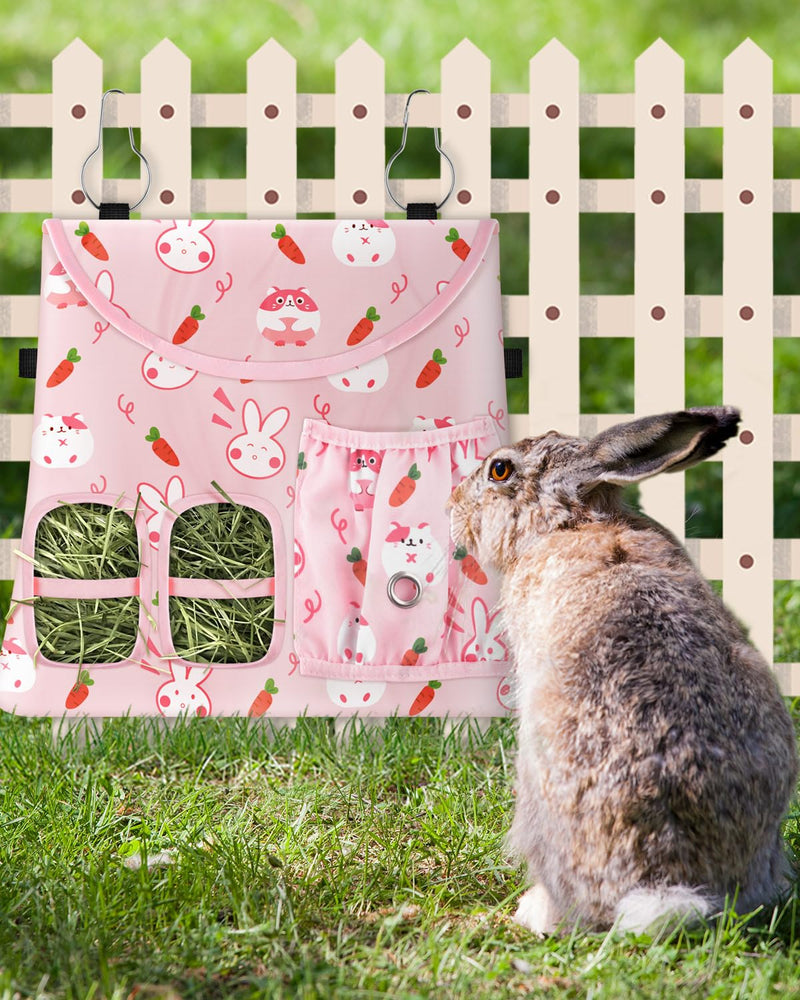 Bissap Rabbit Hay Feeder Bag, 2 Holes Hanging Hay Feeder Guinea Pig Hay Bag with Side Pocket for Rabbits Bunny Chinchillas Hamsters Rats and Other Small Pets Small Animal - S (Pink) ﻿ - BeesActive Australia