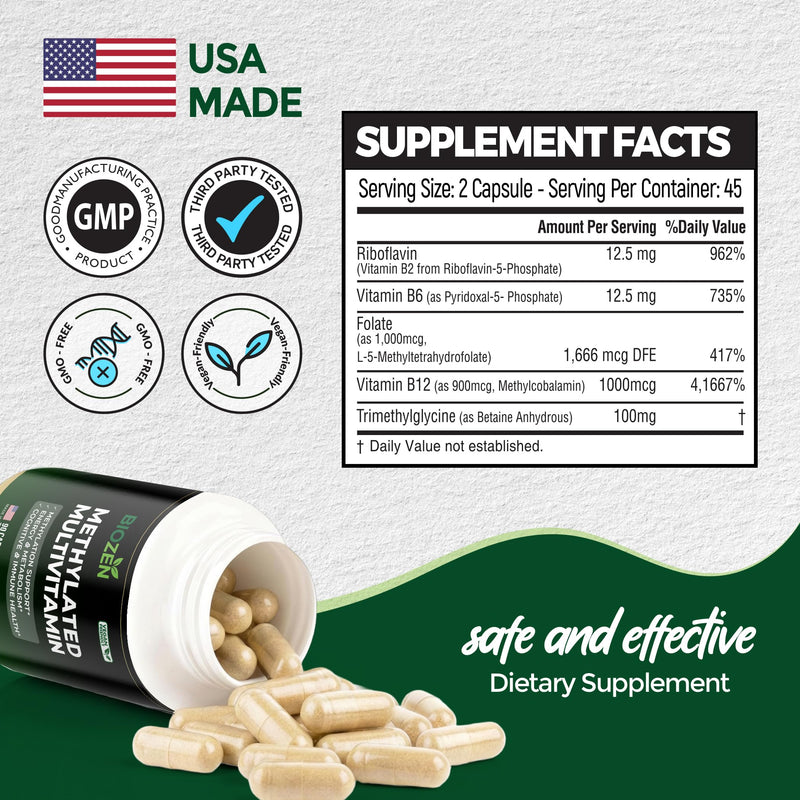Methylated B Complex with TMG | Methylfolate 5-MTHF, Methylcobalamin B12, P5P B6, R5P B2 | MTHFR & Homocysteine Support | Energy, Focus & Mood | 90 Vegan Capsules | Non-GMO, GMP