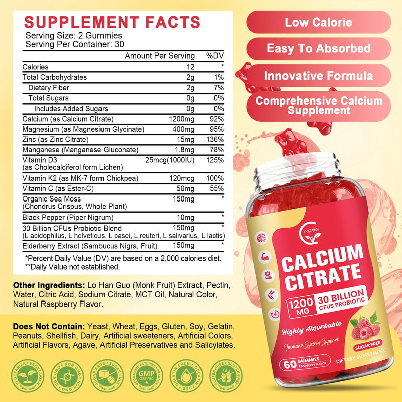 (3 Pack) Sugar Free Calcium Citrate Gummies 1200 mg with Vitamin d3, K2, Magnesium, Zinc for Bone, Muscle & Immune Support, High Absorption Calcium Supplement for Women, Raspberry Flavor, 60 Chews 60 Count (Pack of 3)