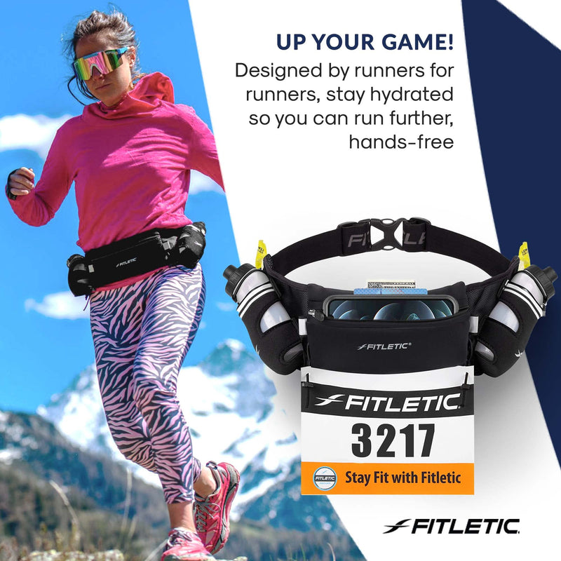 Fitletic Hydration Running Belt with Water Bottles for Men & Women – 2 Quick Flow 8oz Running Water Bottles, Patented Bounce Free Design, Water Resistant Pouch Fits All Phones – Hydra 16 L/XL (35"-42") Black - BeesActive Australia