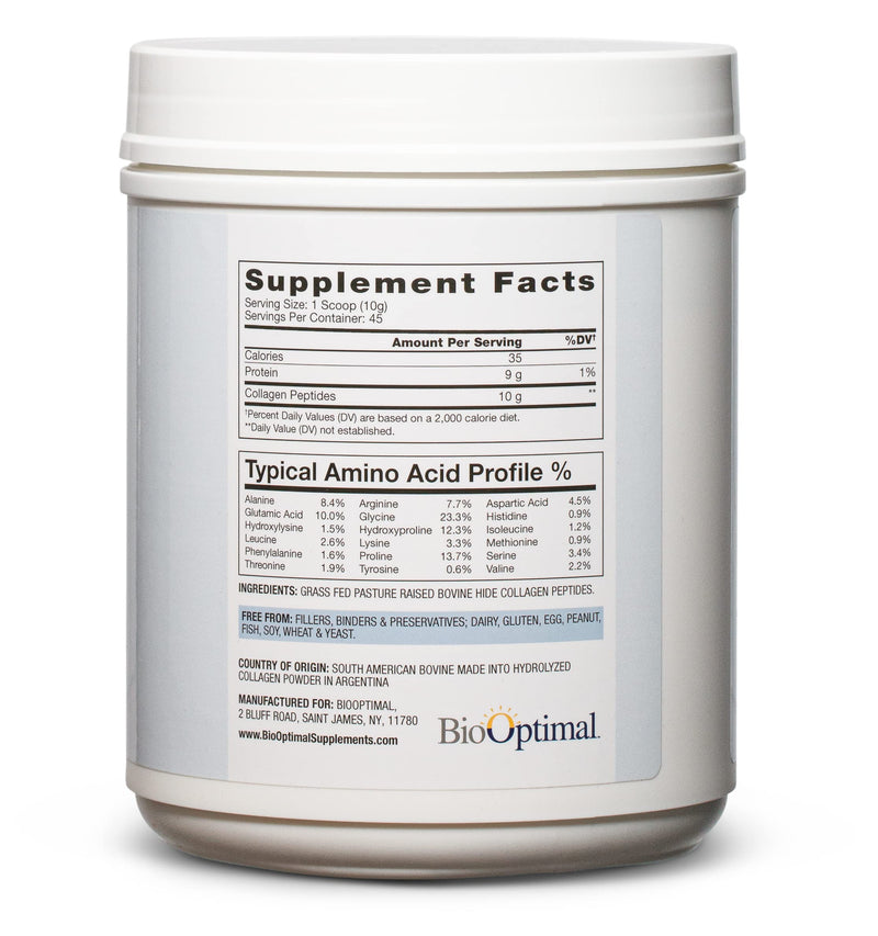 BioOptimal Grass-Fed Hydrolyzed Collagen Powder, Unflavored, Skin & Joints | Hydrolyzed Type I & III; 10g per scoop; 45 servings; non-GMO; gluten-free; no sugar or preservatives; GMP certified
