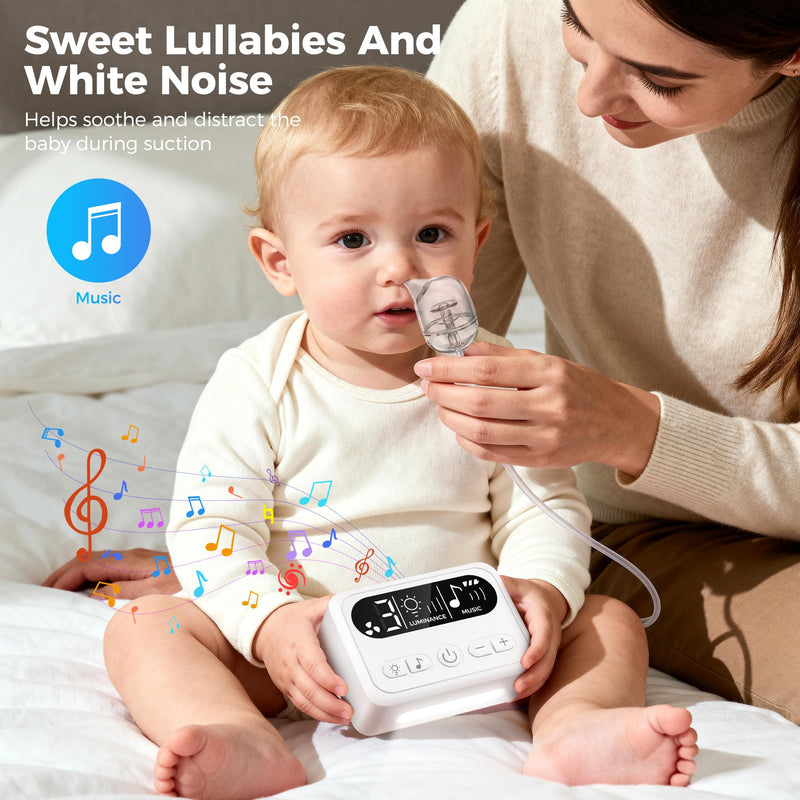 Nasal Aspirator for Baby, Baby Nose Sucker with 9 Suction Levels, Electric Nose Suction for Baby with Night Light, Can Play Lullabies, Equipped with 3 Food-Grade Silicone Nozzles and Tweezers (White) White