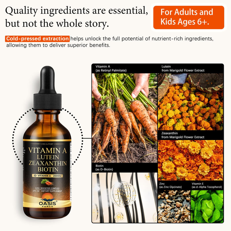 6 in 1 Vitamin A Liquid Drops with Lutein & Zeaxanthin, Vita A Retinyl Palmitate for Skin, Vision & Immune Support, Adults & Kids Ages 6+, Vegan, Non-GMO, 2 Fl Oz