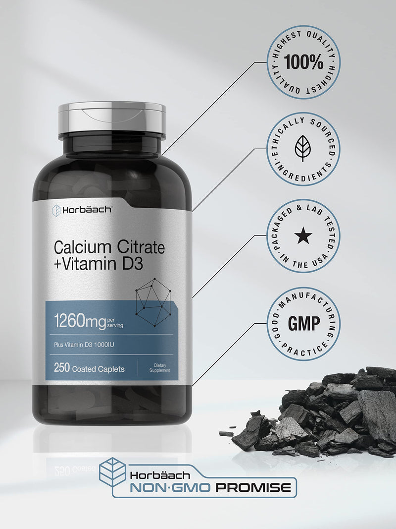Horbäach Calcium Citrate with Vitamin D3 | 1260 mg | 250 Caplets | Vegetarian, Non-GMO, Gluten Free Supplement