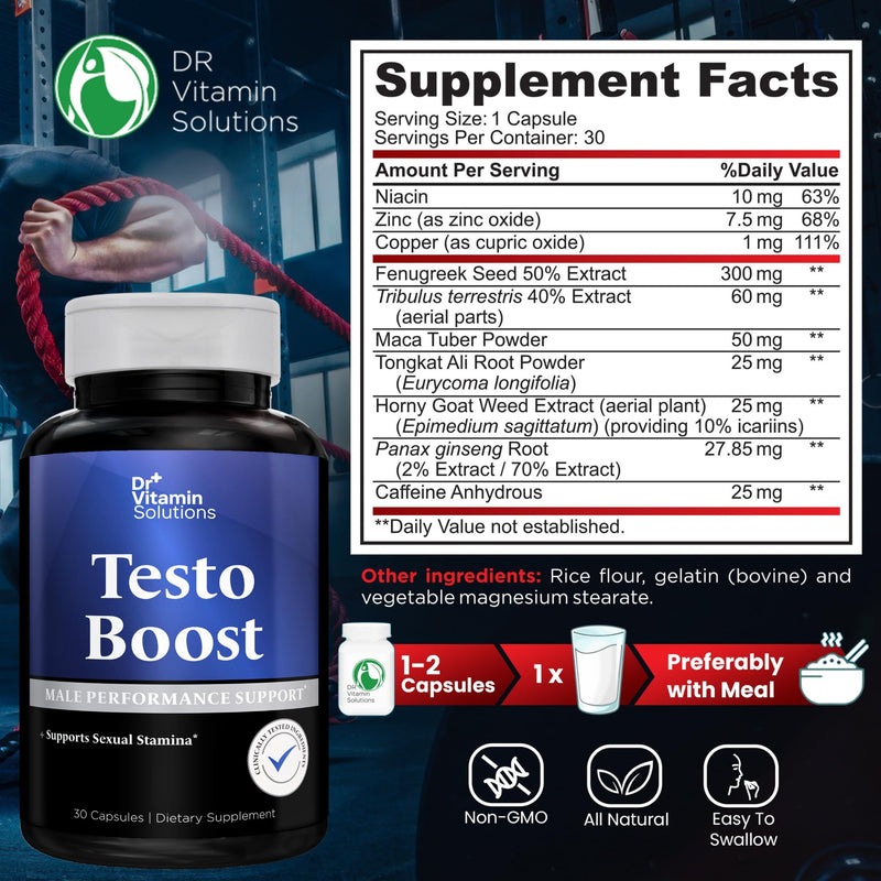 Testosterone Booster Supplement for Men - Tongkat Ali, Once Daily Formula | Horny Goat Weed, Fenugreek, Tribulus, Maca - Energy, Stamina & Libido Support, Strength & Endurance, Non-GMO, 30 Capsules 30 Count (Pack of 1)