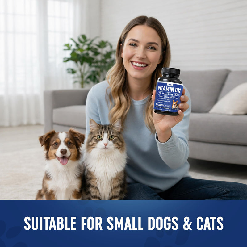 Vitamin B12 Supplement for Small Dogs & Cats with Cobalamin, Folate - Vitamin B12 Dogs and Cats Tablet Energy & Cognitive Support - 120 Chicken Flavored Chewable Tablets -Third Party Tested, Non GMO