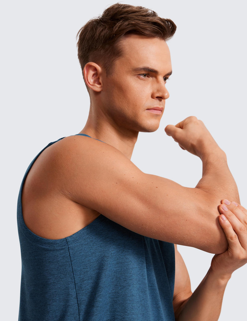 CRZ YOGA Men's Workout Sleeveless Shirt Quick Dry Stretchy Swim T-Shirts Athletic Gym Running Beach Tank Top Medium Night Blue Heather - BeesActive Australia