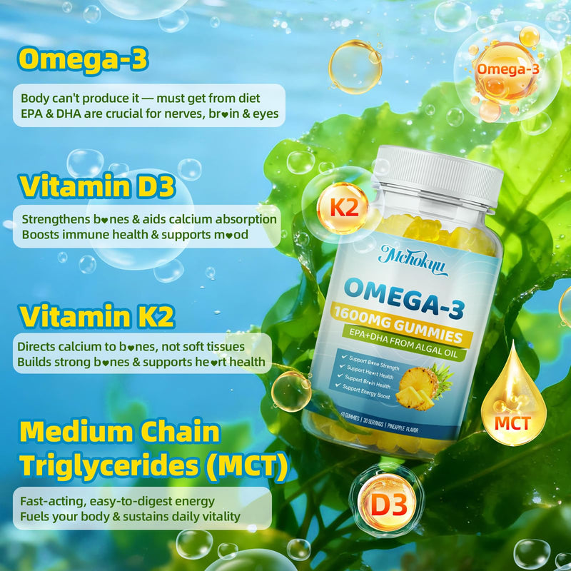 Vegan Omega-3 Gummies 1600mg EPA & DHA from Algal Oil, Fish Oil Alternative for Adults & Kids, Omega 3 Supplement with Vitamin D3 K2 for Brain, Eye & Immune Health Sugar Free Pineapple, 120 Count 60 Count (Pack of 2)