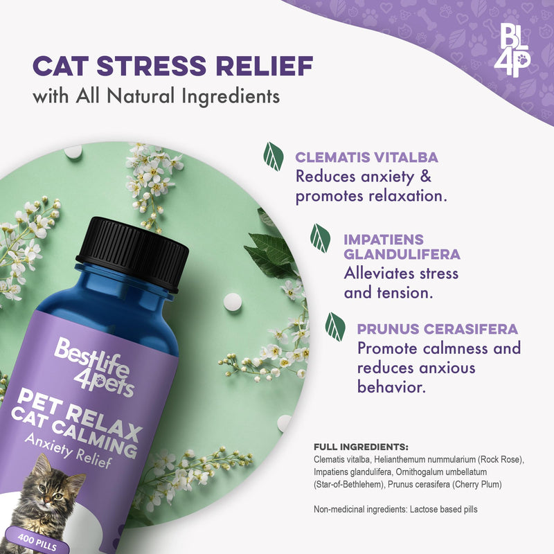 Pet Relax Cat Calming Anxiety Relief, Natural Calming Care for Cats, Cat Stress and Anxiety Relief, Soothes Separation Anxiousness, Homeopathic Feline Aid for Travel, 400 Odorless, Tasteless Pills Cat - 400 Pills - PawsPlanet Australia