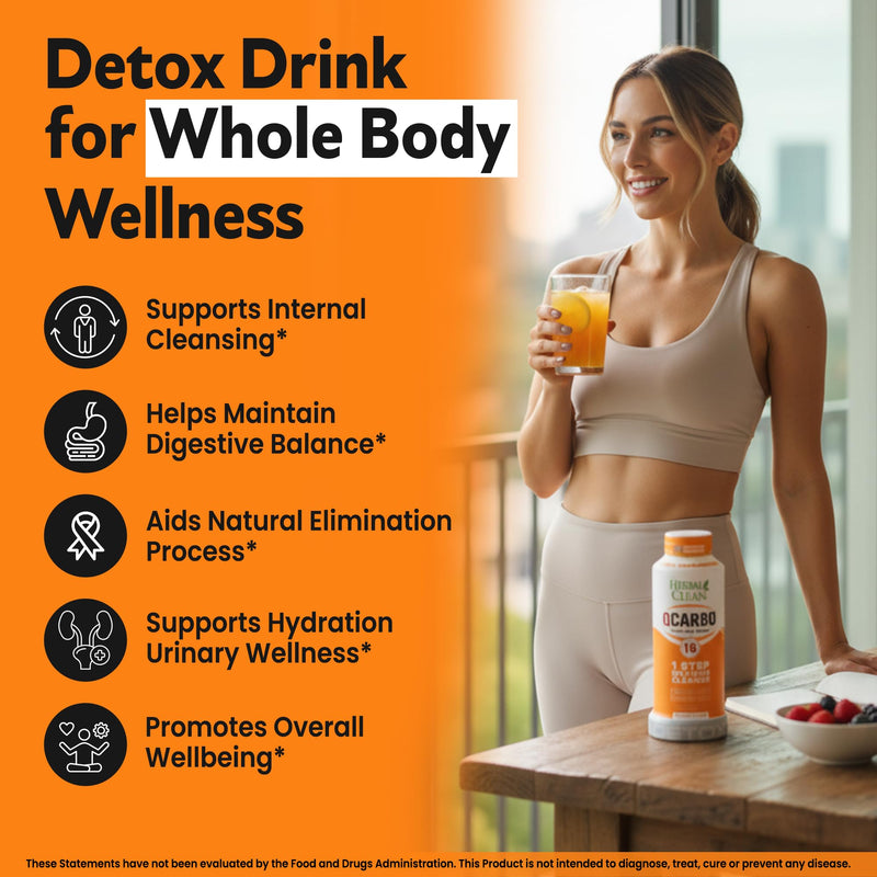 Herbal Clean Qcarbo16 Same-Day Detox Cleanse Drink (16 fl oz) - Orange Flavor Full Body Cleanse* Detox Drink for Moderate Toxin Level*, Vitamin B2 and Vitamin B12 for Men & Women