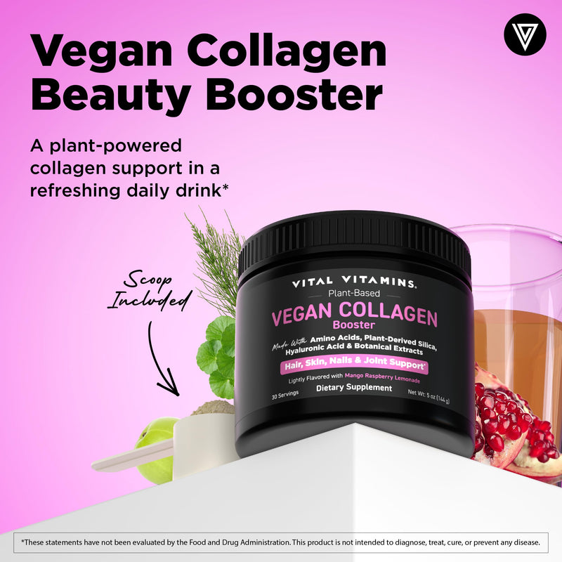 Vital Vitamins Vegan Collagen Booster Powder with Amino Acids & Vitamin C | Mango Raspberry Lemonade Flavor, Plant-Powered Collagen Support with Biotin & Hyaluronic Acid, 30 Servings 1