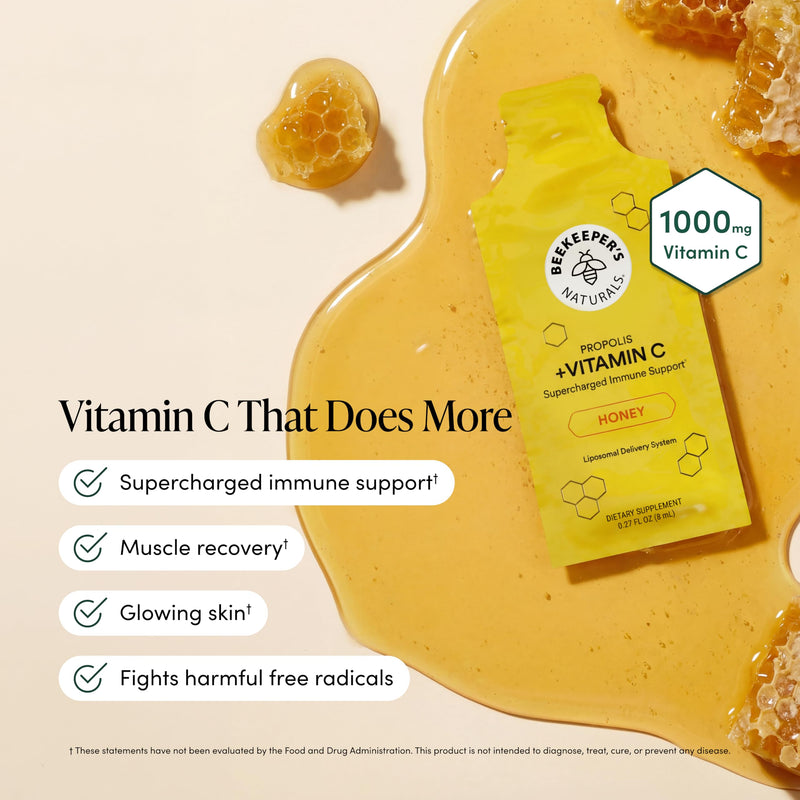 Beekeeper's Naturals Liposomal Vitamin C (1000mg) + Propolis Packets, 30 Ct | Propolis & Organic Honey, Supercharged Immune Support, Increased Bioavailability, Max Absorption Adult 30 Packets