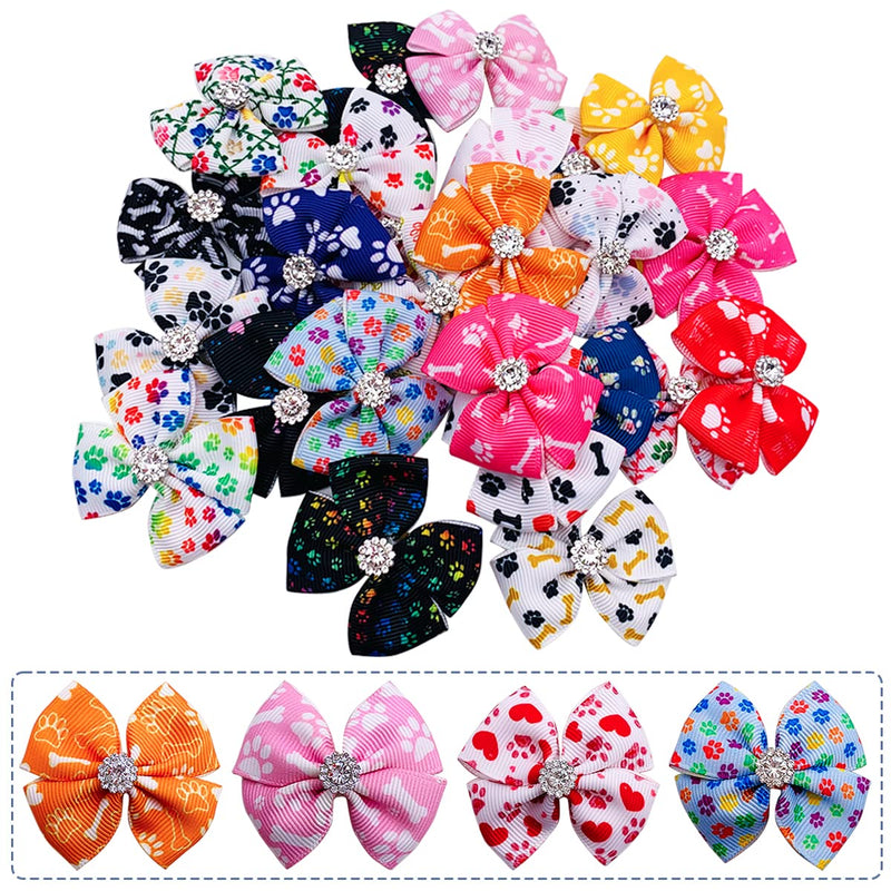 PET SHOW 50Pcs/25Pairs Paw Pattern Small Dog Hair Bows Bulk with Rubber Bands for Medium Dogs Cats Puppy Shih tzu Rhinestone Bowknot Topknot Yorkies Rabbits Girl Boy Pet Grooming Hair Accessories 50PCS with rubber bands - BeesActive Australia