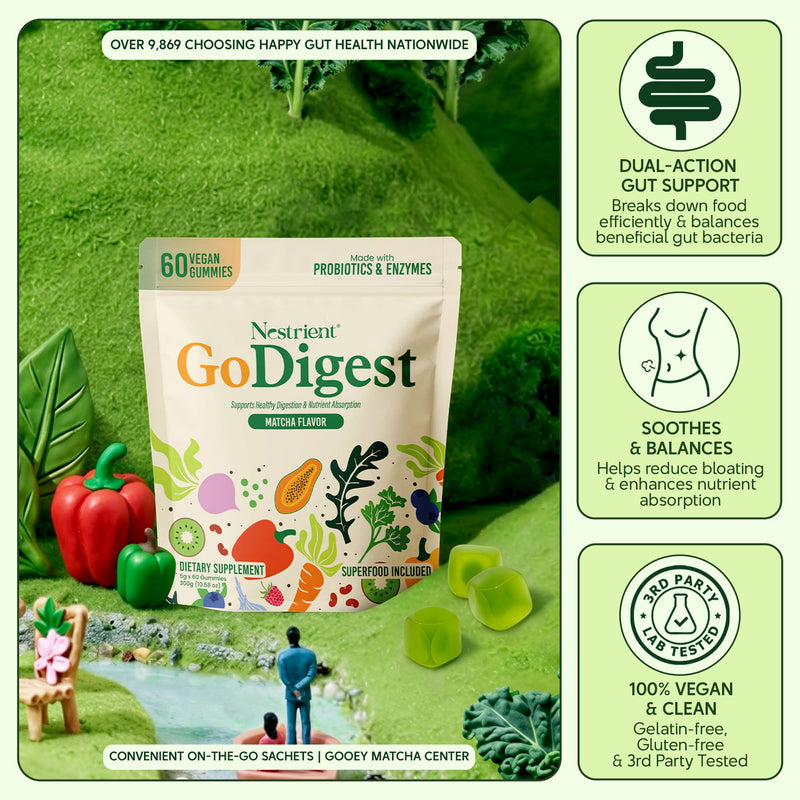 GoDigest Probiotics & Digestive Enzymes Gummies, Matcha, 60ct | Gut Health Support, Bloating Relief, Nutrient Absorption Support, Superfoods & Vitamins, Vegan