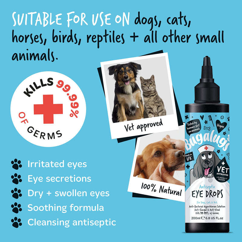 BUGALUGS Dog Eye Drops 200ml, Antiseptic eye drops for dogs, puppy, cats & animals. Antibacterial for dry, itchy, irritated, gunky & tear stain eyes. Eye Wash Cleaner Cat 200ml