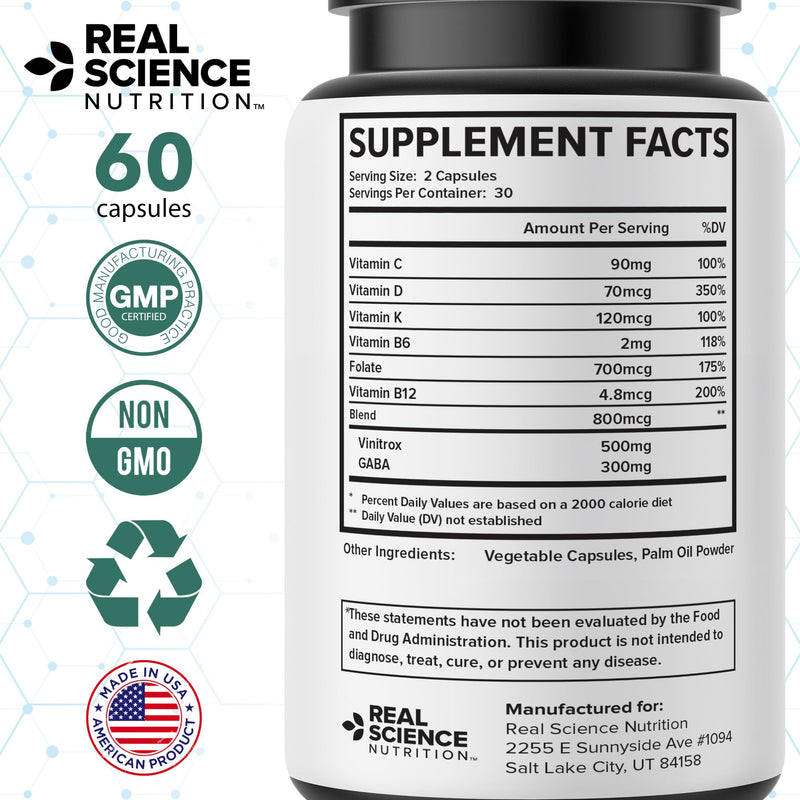 Real Science Thyroid Support Supplement for Women & Men Natural Thyroid Complex for Metabolism & Energy with Vitamins B, C, D, Vinitrox & GABA for Endocrine Support Made in USA, 60 Capsules