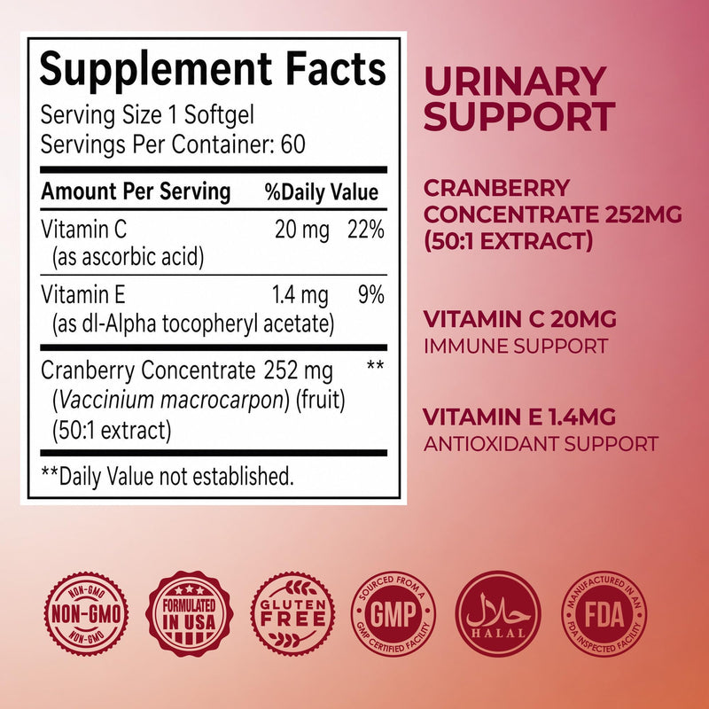 Cranberry Pills for Women - 252mg Concentrated Extract Cranberry Pills for Urinary Tract Wellness - 50:1 Ratio Fortified With Vitamin C & E Antioxidants for Women - No Added Sweetening, 60 Softgels