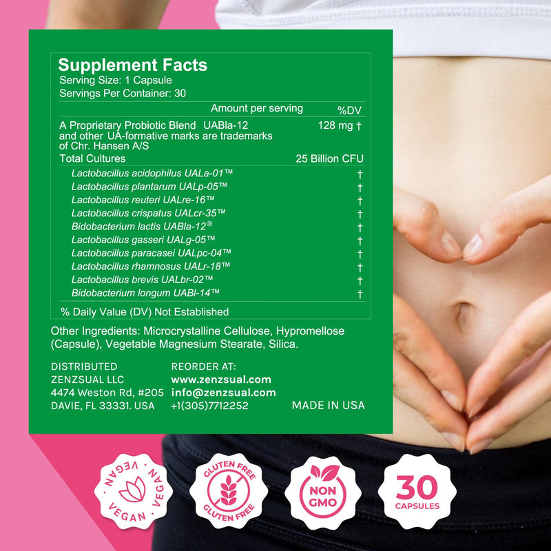 ZENZSUAL Zenbiotic Probiotics Support for Women – 25 Billion CFU, Vaginal Health & pH Balance Support, Odor & Yeast Control, Gut & Digestive Health, Urinary Comfort, Hormone Balance, 30 Vegan Capsules