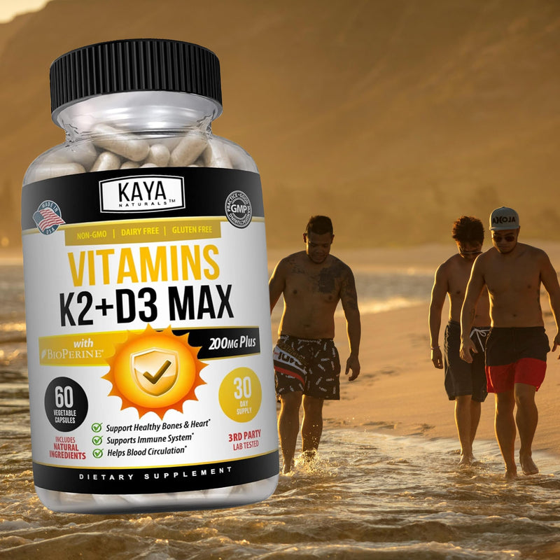Kaya Naturals Vitamins K2 with D3 5000IU Supplement for Men and Women - Easy to Swallow - Bioperine Capsules (60 Count (Pack of 1) 60 Count (Pack of 1)