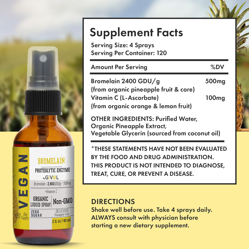 Organic Raw Bromelain Mist-Liquid Pineapple Extract - Enhanced Potency 500mg, for Kids & Adults - for Digestive Health, Inflammatory Response, and Healing - Non-GMO - 60ml 120 Day Supply - BeesActive Australia