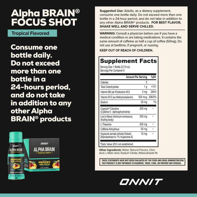 ONNIT Alpha Brain Focus Shot, Tropical Flavor, Nootropic Dietary Supplement Drink That Supports Energy, Focus, and Mood, 2.5 fl oz, 6 Count 2.5 Fl Oz (Pack of 6) - BeesActive Australia