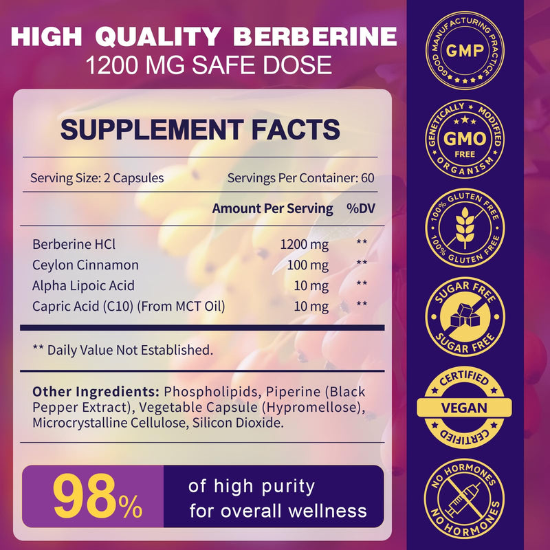ZEBORA Premium Berberine HCL 1200 mg, Berberine Supplement with Ceylon Cinnamon, ALA & Capric Acid, Supports Immune, Gastrointestinal & Antioxidant, Non-GMO, 120 Capsules 120 Count (Pack of 1)