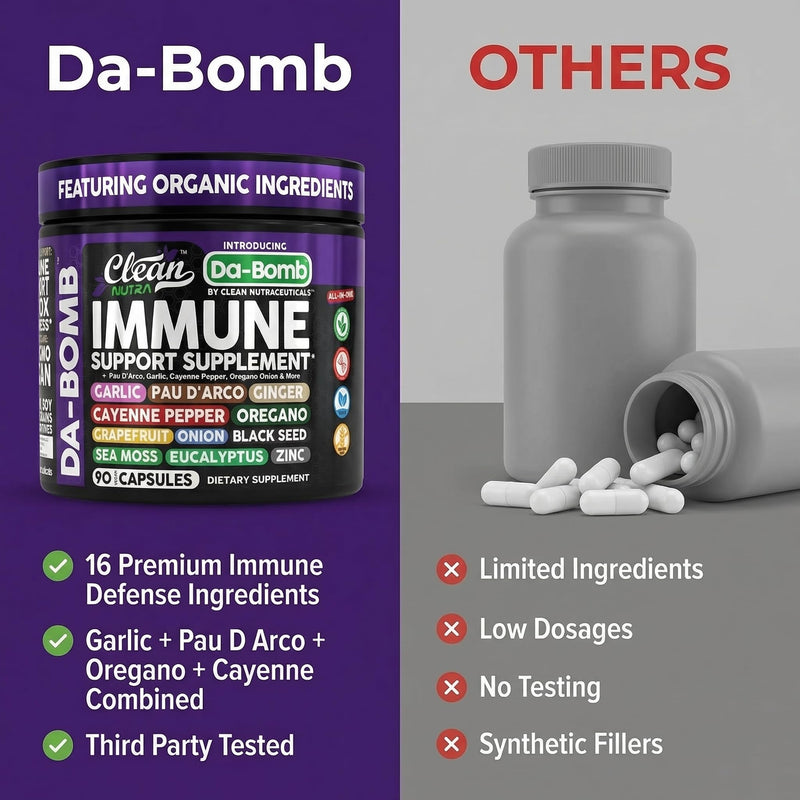 Organic Immune Support with PAU D'Arco Garlic Cayenne Pepper Oregano Ginger Grapefruit Onion Black Seed Sea Moss Black Pepper Zinc Eucalyptus Vitamin C Vitamin D Organic Soursop By Clean Nutra 1