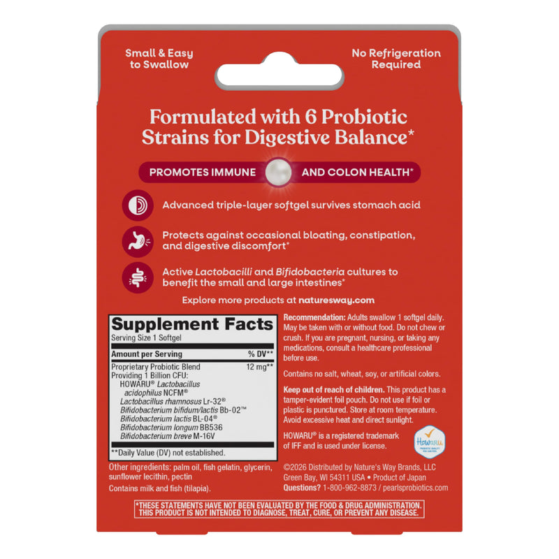 Nature's Way Pearls Complete Probiotic Softgels, 1 Billion CFU, 30 ct | 6 Probiotic Strains for Digestive Balance & Colon Health*, 1 Billion CFU, No Refrigeration Required, For Men and Women 30 Count (Pack of 1)