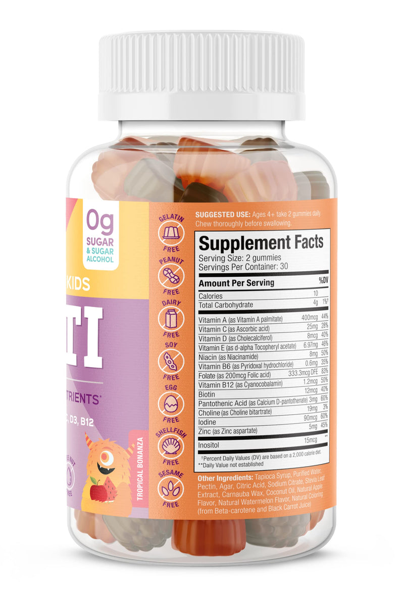 SUKU The Complete Kids Multivitamin Gummies – Vitamins A, C, D, E, B6, B12, Folate & Zinc – Immune Support, Sugar-Free, Gluten-Free, Non-GMO, Tropical Bonanza Flavor – 60 Count