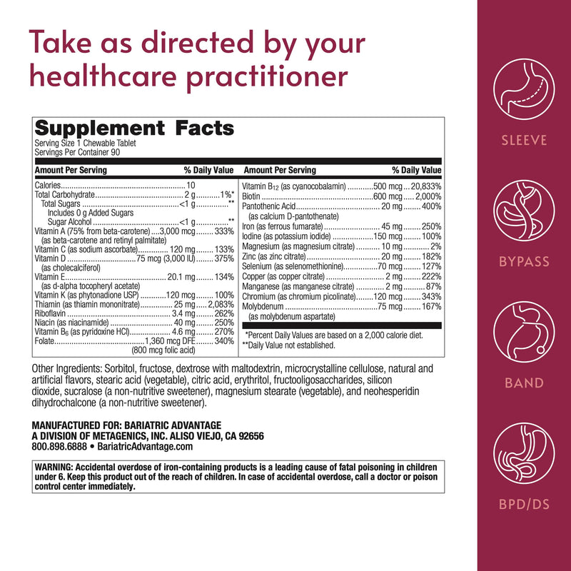 Bariatric Advantage Chewable Ultra Solo with Iron, Citrus, 90 Tablets | Once-Per-Day Daily Multivitamin, for Bariatric Patients, with Thiamin, Vitamin A and More, Gluten-Free, Chewable Tablet 90 Count (Pack of 1)