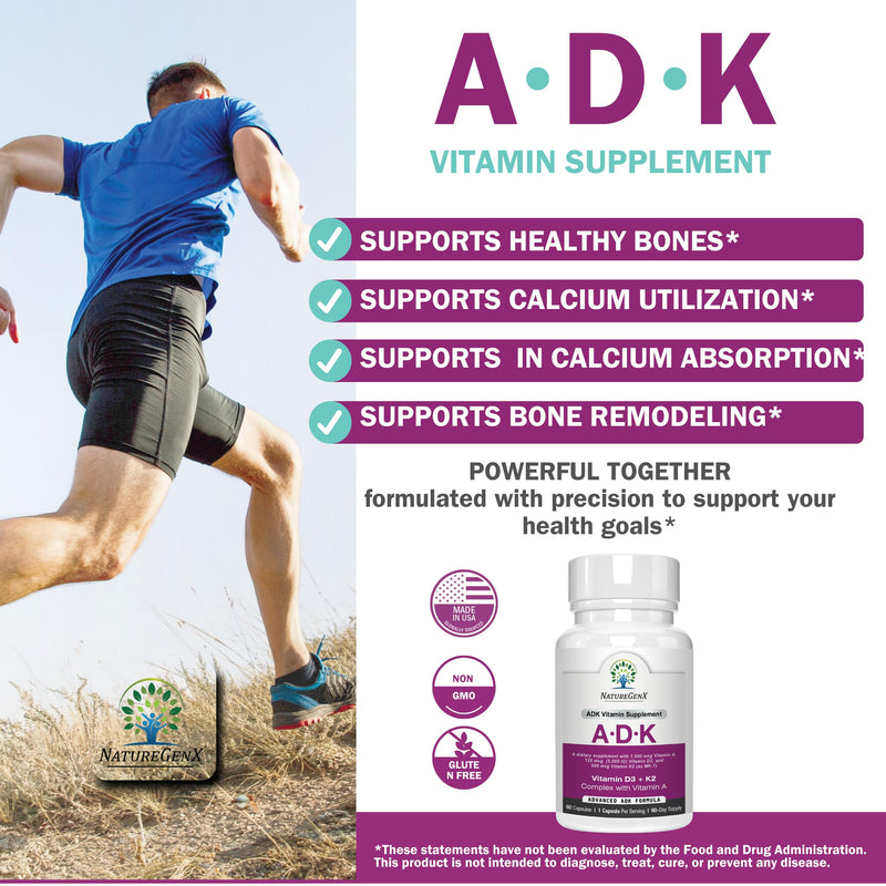 NatureGenX ADK Vitamin Supplement – Vitamins A, D3 & K2 MK-7 for Bone Health & Calcium Absorption – Gluten-Free, Non-GMO, Soy-Free – 120 Capsules, 2-Pack (4-Month Supply) | For Bone Health & Calcium Absorption - Immune Support, Gluten-Free, Non-GMO, So...
