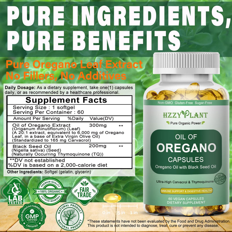 Oil of Oregano with Black Seed Oil Softgels, High Absorption Organic Oregano Oil Capsules for Immune Support Digestive Health Antioxidant, Concentrated Carvacrol & Thymoquinone, Vegan, 2 Month Supply