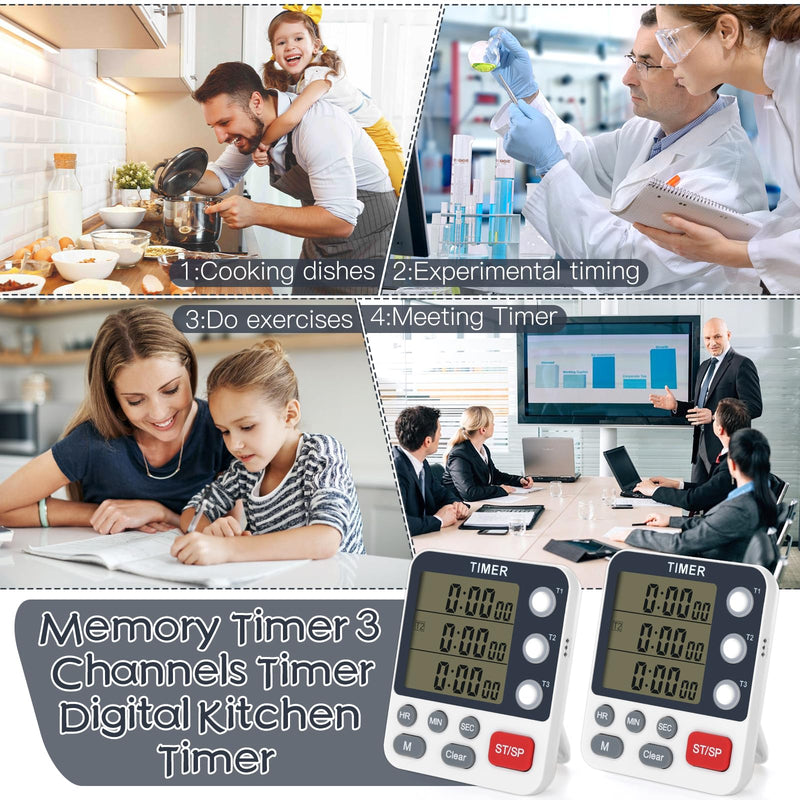 2Pcs Digital Dual Kitchen Timer,3-Channel Magnetic Countdown Stopwatch Timer for Cooking Suitable for Old People,Classrooms,Kitchens, Etc. (Excluding Batteries)