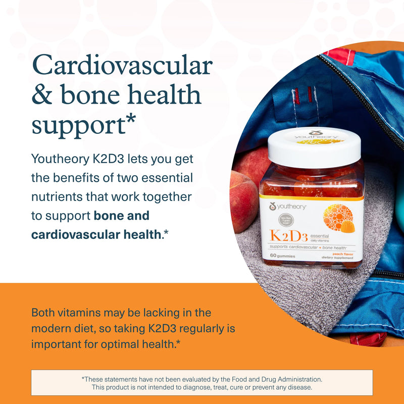 Youtheory K2D3 - Bone & Heart Health Support* - Combines Vitamin D3 & Vitamin K2 - Dairy, Soy & Gluten Free - Peach, 60 Vegetarian Gummies (Pack of 2) 60 Count (Pack of 2)