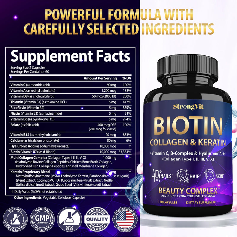 StrongVit Biotin with Hyaluronic Acid, Keratin and Collagen Supplements - 10000mcg for Hair Growth Women and Men - Hair Skin and Nails Vitamins - 120 Capsules 120 Count (Pack of 1)
