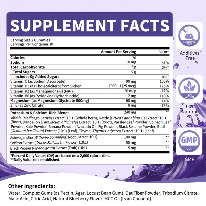 Potassium Magnesium Gummies Magnesium Glycinate 500mg for Sleep 2 Pack | Leg Cramps, With Calcium Zinc Vitamins, Sugar Free, Chewable Supplement, Support Healthy Muscle Relaxation for Daily Wellness Blueberry 60 Count (Pack of 2)