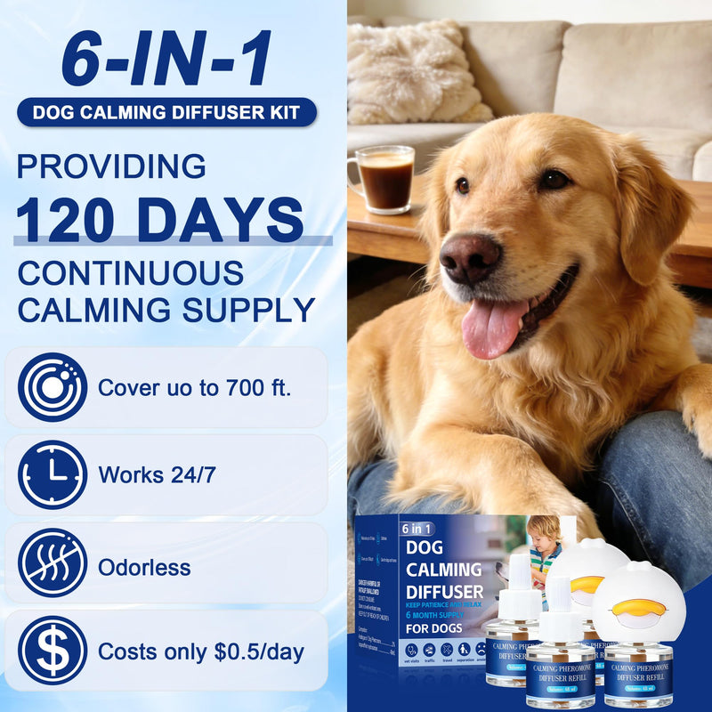 6-In-1 Dog Calming Pheromone Diffuser (2 Plug in + 4 Refills), Relief Anxiety, Storm Stress & Indoor Behavior Support, 120 Days Long Lasting Refill, Natural Odorless Safe Formula