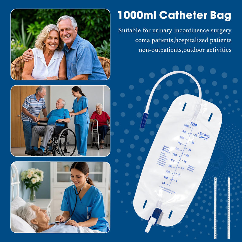 Urinary Drainage Bag 1000ml Catheter Leg Bag, 5 Pack Catheter Leg Bags for Men, Catheter Bags with Anti-Reflux Valve, Adjustable Cloth Straps, Easy Drainage Flip Design 5-pack 1000 mL