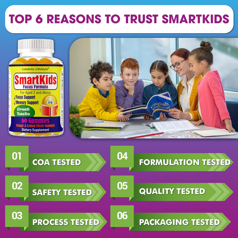 Smart Kids Focus Gummies with Omega 3 6 9 DHA, Brain Support Teen Vitamin, Kids Focus and Attention Supplements, Vegetarian Memory Supplement for Brain, Orange Flavor 60 Gummies
