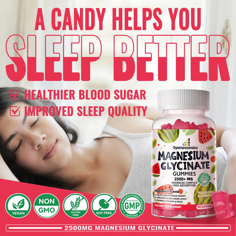 Magnesium Glycinate Gummies 2500mg - Sugar Free Magnesium Potassium Supplement with Vitamin D, B6, CoQ10 for Calm Mood & Sleep Support - 90 Watermelon Gummies 90 Count (Pack of 1)