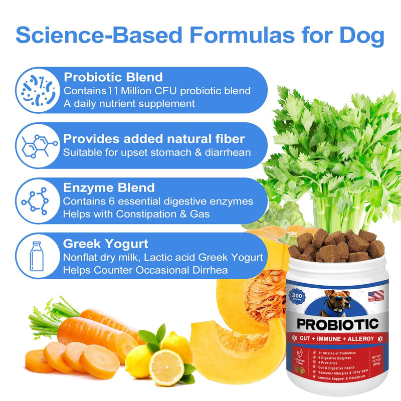 Probiotics for Dogs Gut Digestive Health Probiotic Chews for Dogs with 11 Billion CFUs, 4 Prebiotics, Pumpkin, Salmon Oil & Yogurt Base| Supports Gas, Yeast Balance & Immune, Dog Probiotics 200ct 0.06 Ounce (Pack of 200)