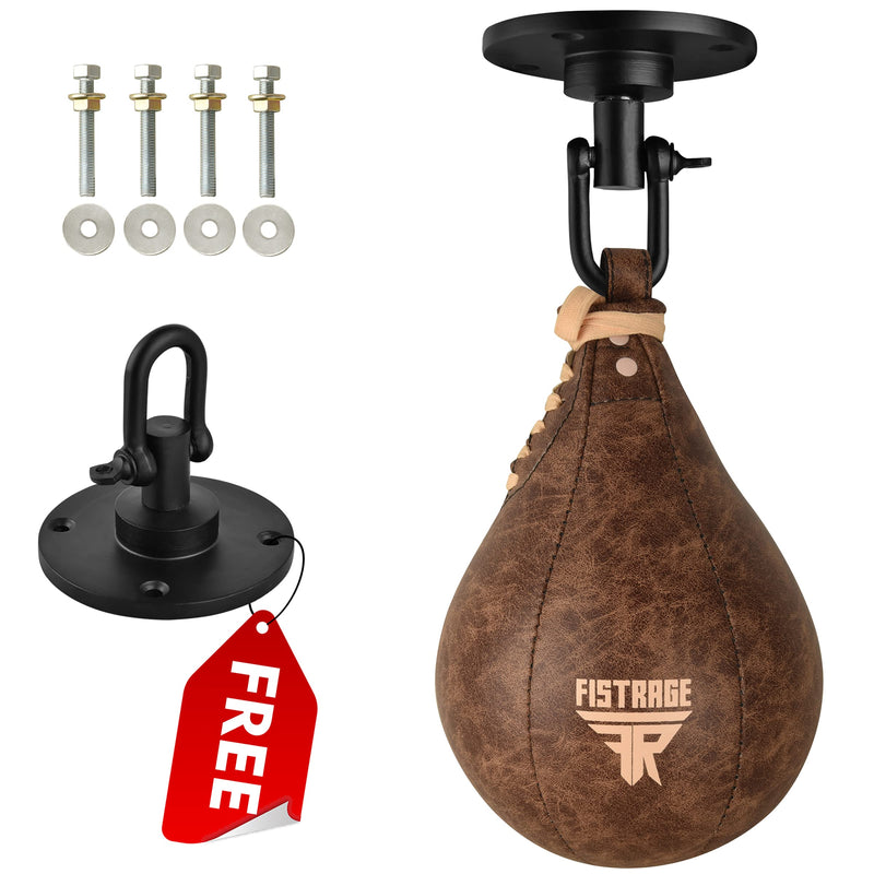 FISTRAGE Speed Bag Boxing Ball Leather MMA Muay Thai Training Punching Dodge Striking Kit with Free Hanging Swivel Workout Speedball Kicking Platform Equipment Vintage Beige